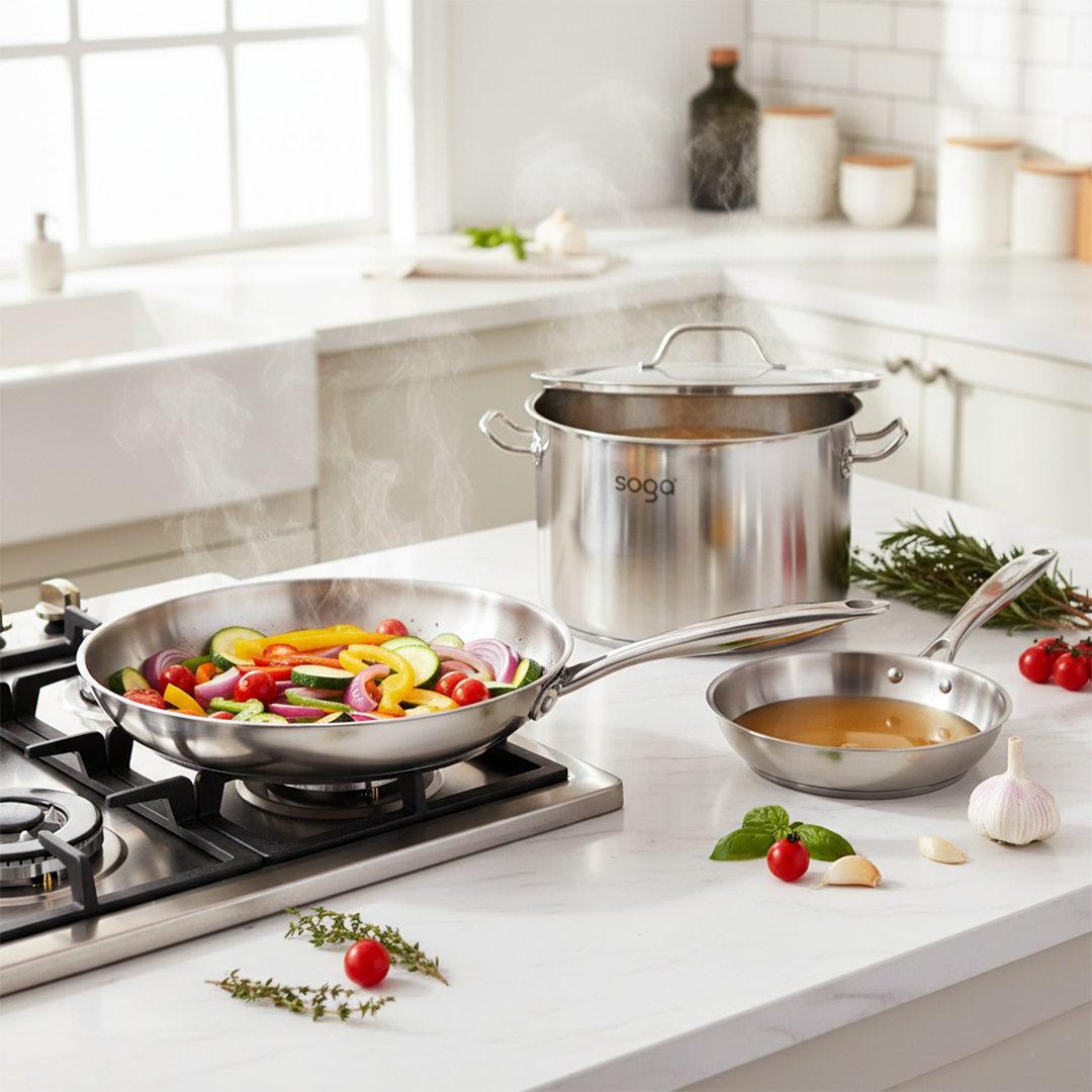 SOGA Essential Cooking Set – Stainless Steel Fry Pans (24cm & 28cm) + 17L Stock Pot, Silver