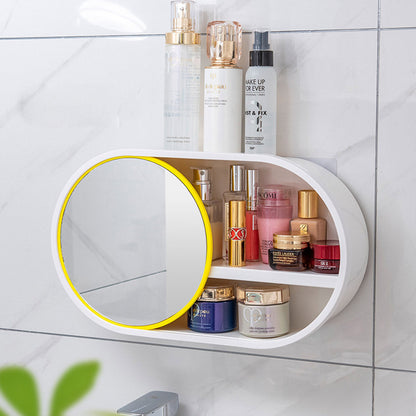 SOGA 39cm Oval Wall-Mounted Mirror Storage Box Vanity Mirror Rack Bathroom Adhesive Shelf Home Organiser Decor