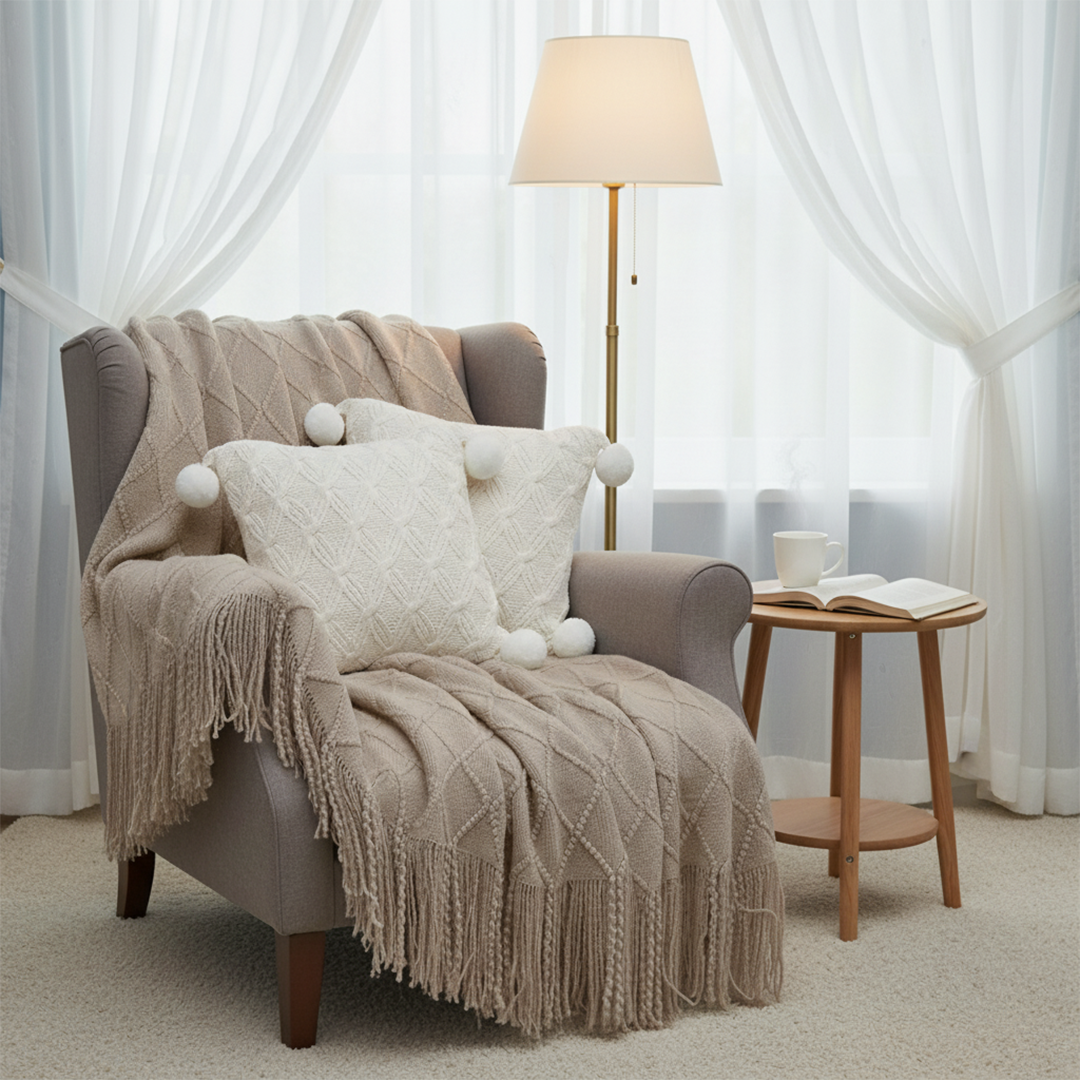 SOGA 3PC Set – Coffee Diamond Knitted Throw with Tassels + Ivory Diamond Knit Pom Pom Pillowcases – Cozy Decor