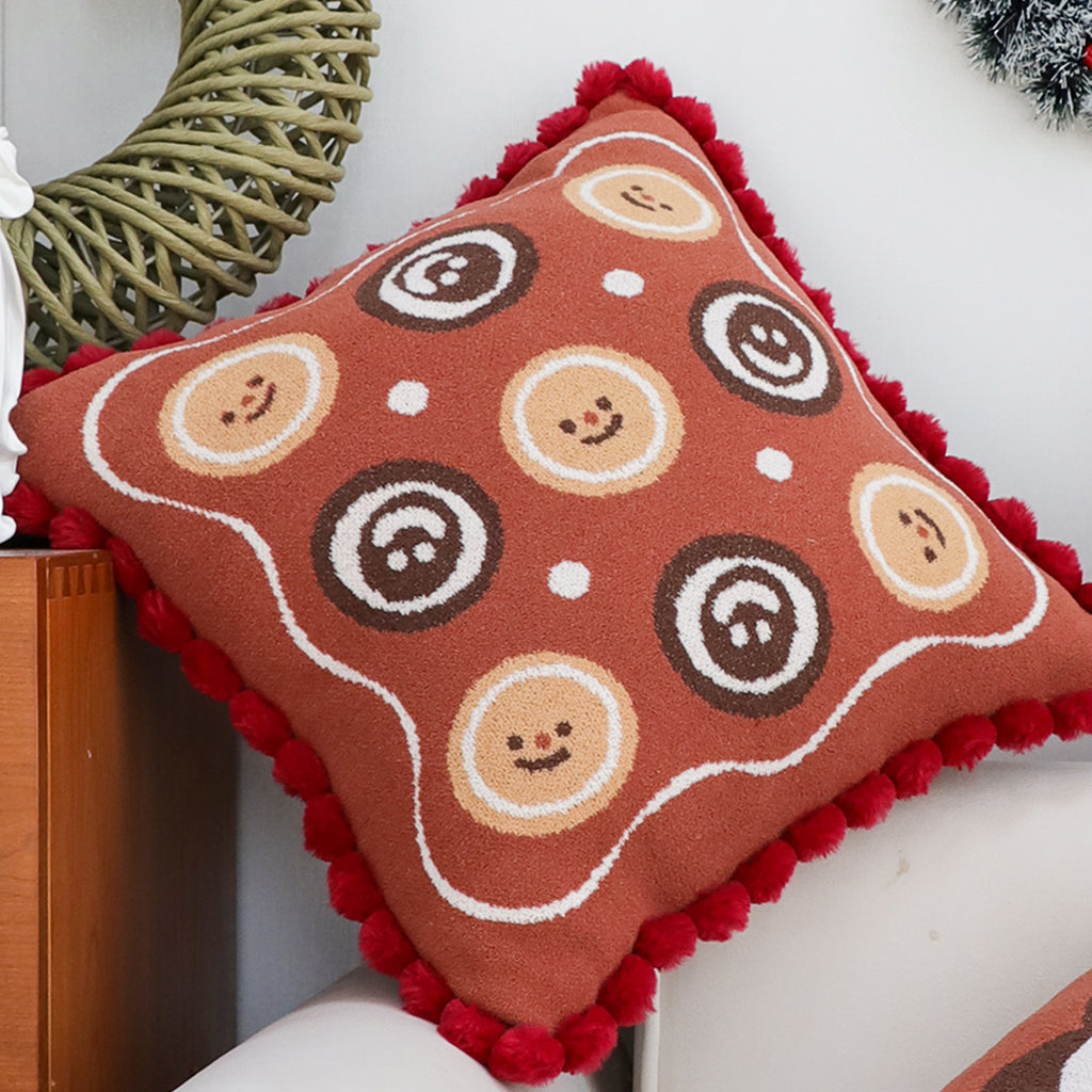 SOGA 45cm Gingerbread Cookie Smiley Face Square Pillowcase with Red Pom-Pom Trim