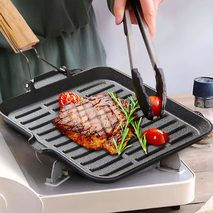 SOGA 2X 28cm Ribbed Cast Iron Square Steak Frying Grill Skillet Pan with Folding Wooden Handle