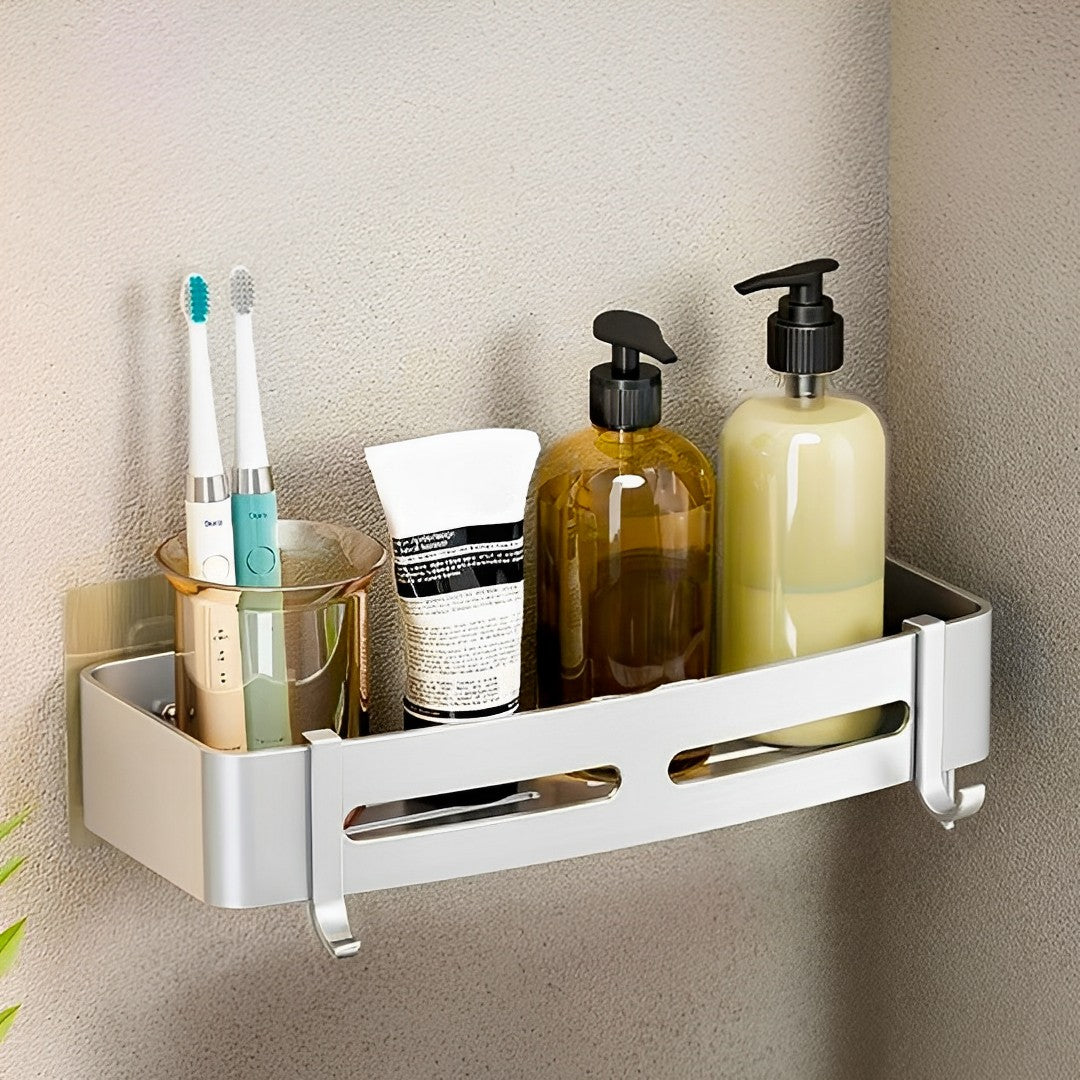 SOGA 2X Silver Wall-Mounted Rectangular Bathroom Storage Organiser Space Saving Adhesive Shelf Rack with Hooks