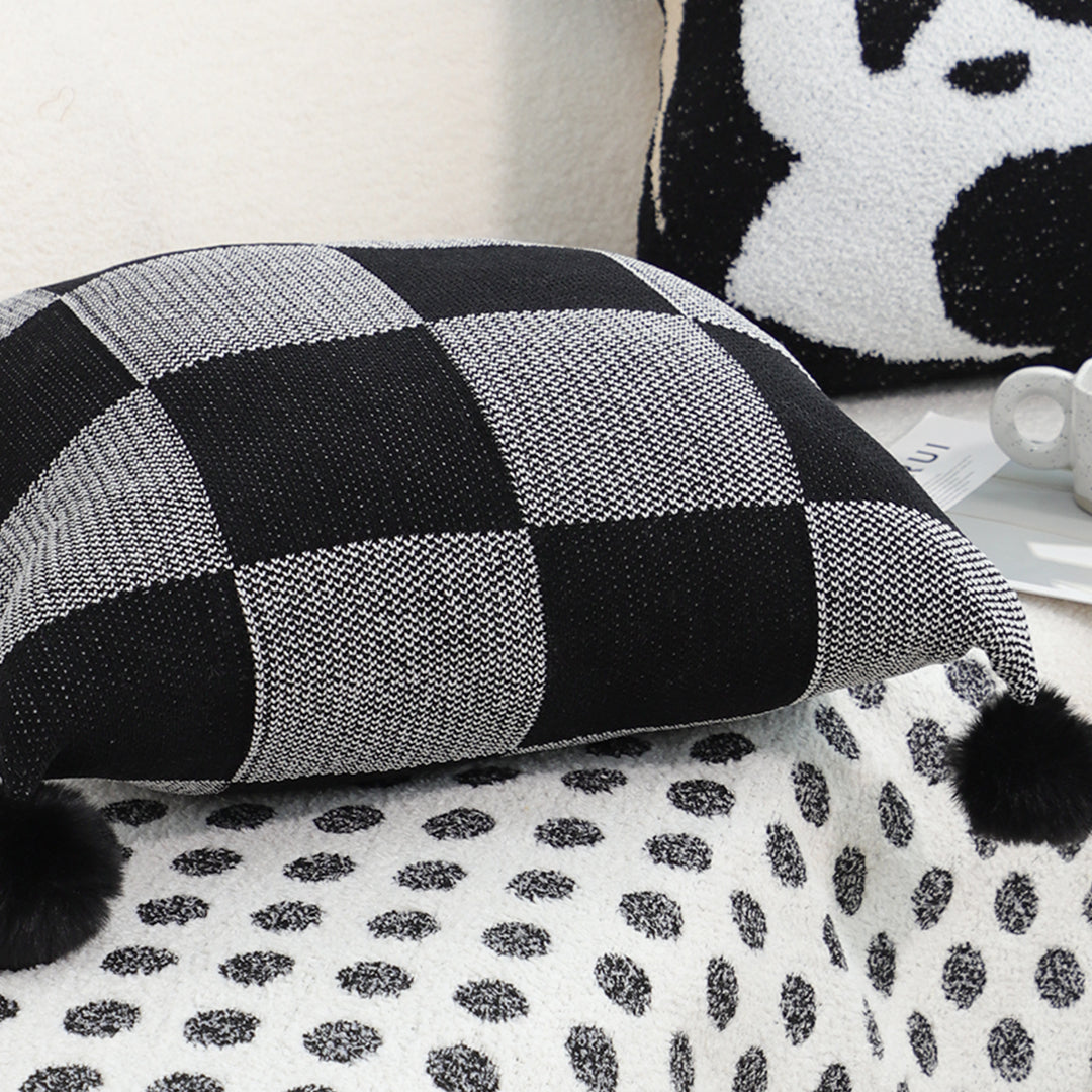 SOGA 2X 45cm Modern Comfort Black & Gray Gingham Pillowcase with Pom Poms