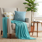 SOGA 5PC Set – Teal Knitted Throw Blanket with Sunny Dandelion & Blue Geometric Pillowcases – Cozy Home Decor