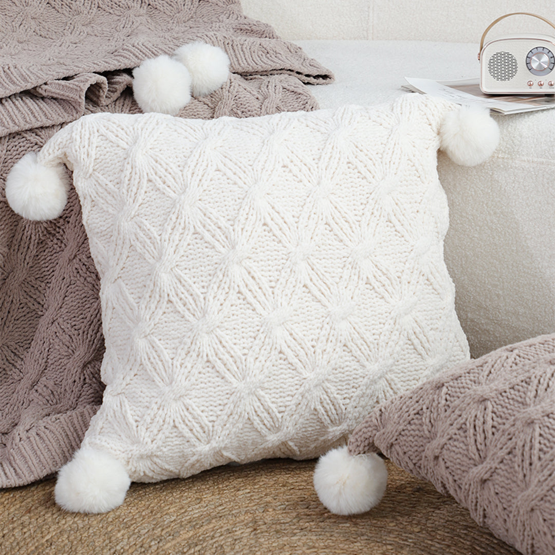SOGA 45cm Luxurious Ivory Diamond Knit Throw Pillowcase with Pom Poms