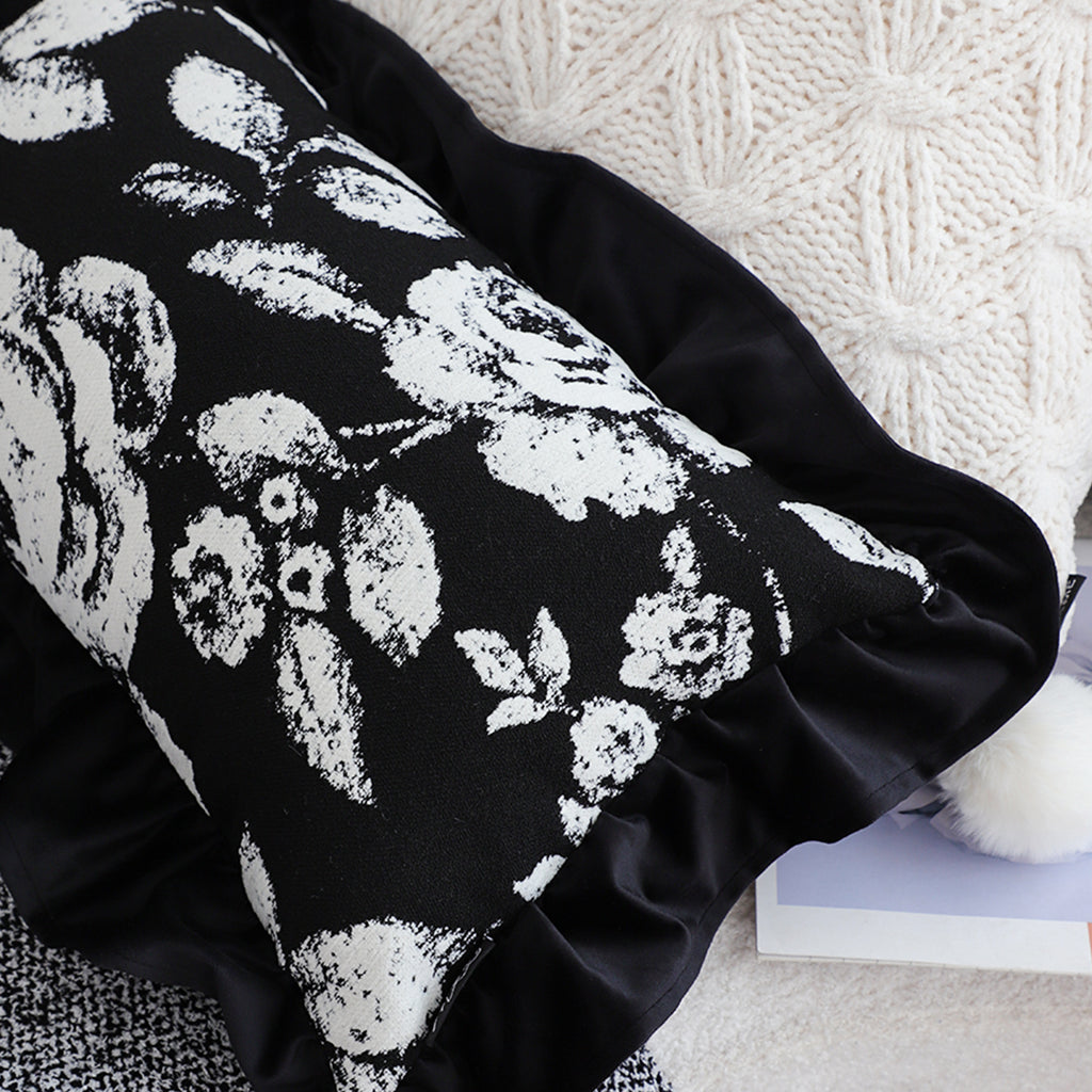 SOGA 30x50 Rectangular Rustic Black Floral Ruffle Pillow Cover