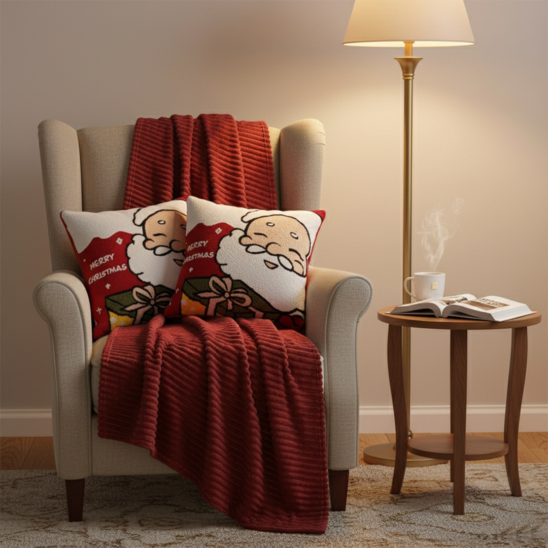 SOGA 3PC Christmas Set – Striped Flannel Throw Blanket with 2 Embroidered Santa Claus Pillow Covers