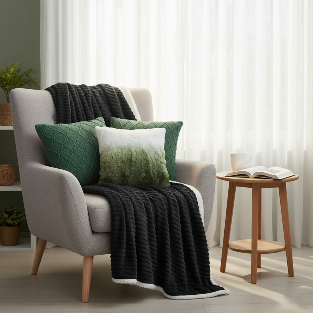 SOGA 4PC Set – Flannel Throw Blanket + Ombre Faux Fur & Forest Green Knit Pillowcases – Cozy Decor