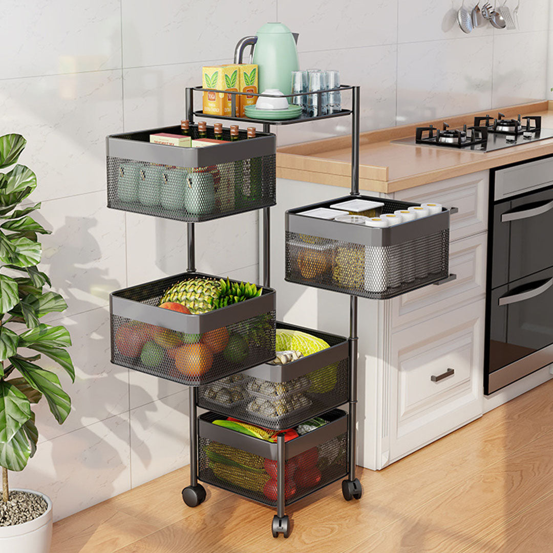 SOGA 2X 5 Tier Steel Square Rotating Kitchen Cart Multi-Functional Shelves Portable Storage Organizer with Wheels