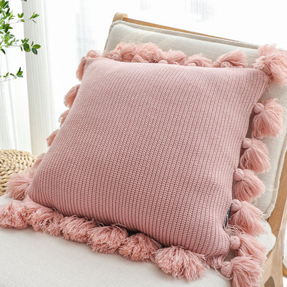 SOGA 45cm Textured Pillowcase with Pom-Pom Trim (Soft Pink)