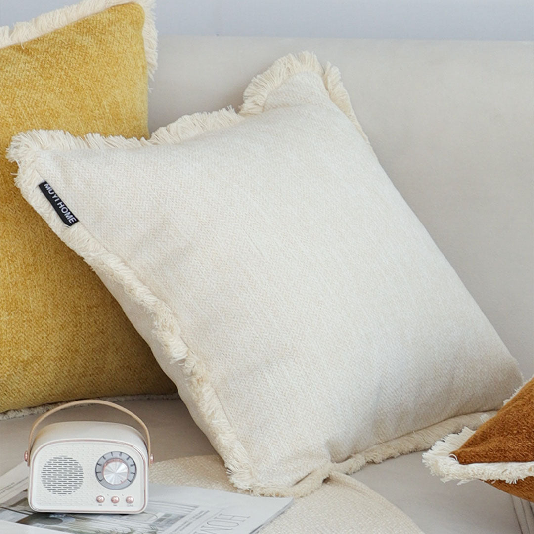SOGA 42X45 Premium Linen Throw Pillow Cover with Fringe Trim - Cream White
