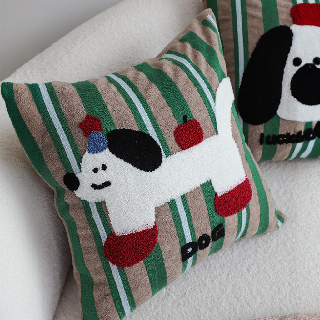 SOGA 45cm Cute Dog Print Green Red White Striped Polyester Decorative Pillowcase