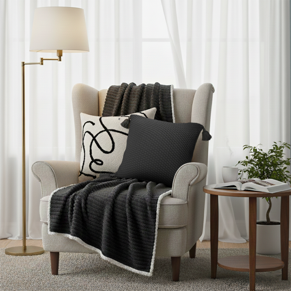 SOGA 3PC Cozy Home Set – Flannel Throw Blanket with Decorative Pillow Covers (Knit & Abstract Design)