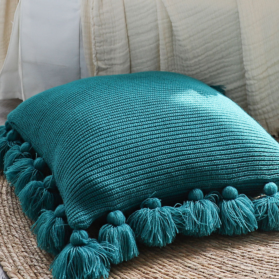 SOGA 45cm Textured Pillowcase with Pom-Pom Trim (Emerald Green)