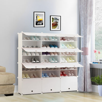 SOGA 7 Tier 3 Column White Shoe Rack Organizer Sneaker Footwear Storage Stackable Stand Cabinet Portable Wardrobe with Cover