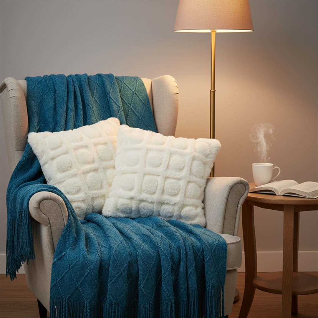 SOGA 3PC Cozy Set – Royal Blue Diamond Knit Throw Blanket with Cream Pom-Pom Grid Pillow Covers