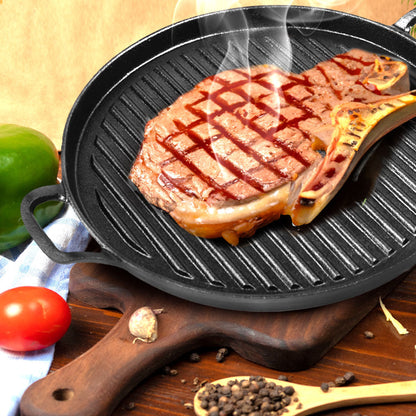 SOGA 2X 28cm Ribbed Cast Iron Frying Pan Skillet Coating Steak Sizzle Platter