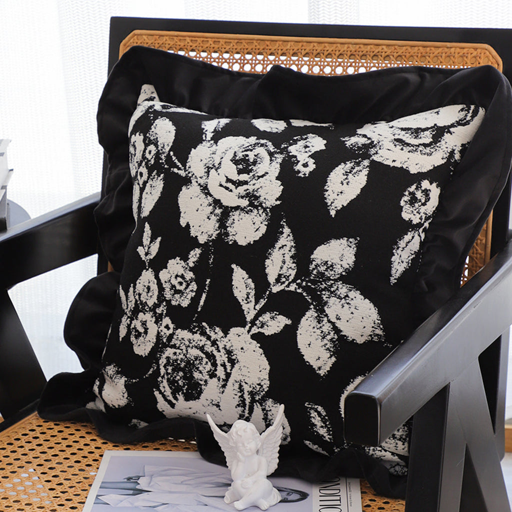 SOGA 2X 30x50 Rectangular Rustic Black Floral Ruffle Pillow Cover
