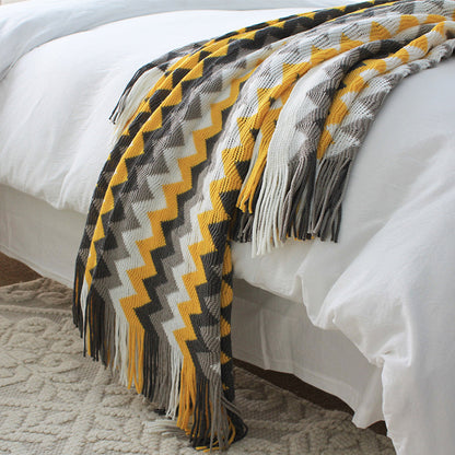 SOGA 2X 170cm Yellow Zigzag Striped Throw Blanket Acrylic Wave Knitted Fringed Woven Cover Couch Bed Sofa Home Decor