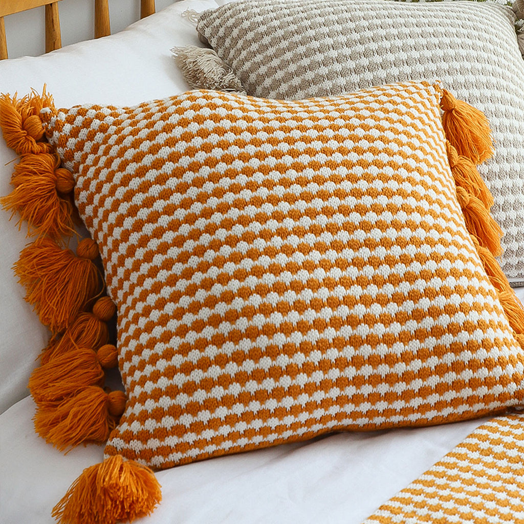 SOGA 2X 45cm Orange Houndstooth Pillow Cover with Tassels
