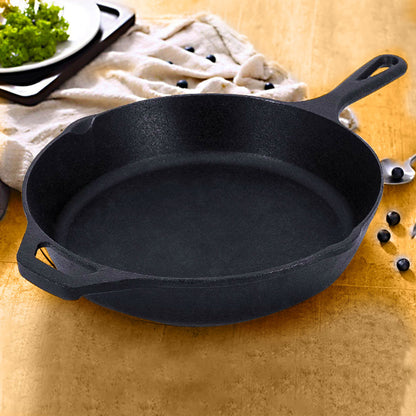 SOGA 2X 30cm Round Cast Iron Frying Pan Skillet Steak Sizzle Platter with Helper Handle