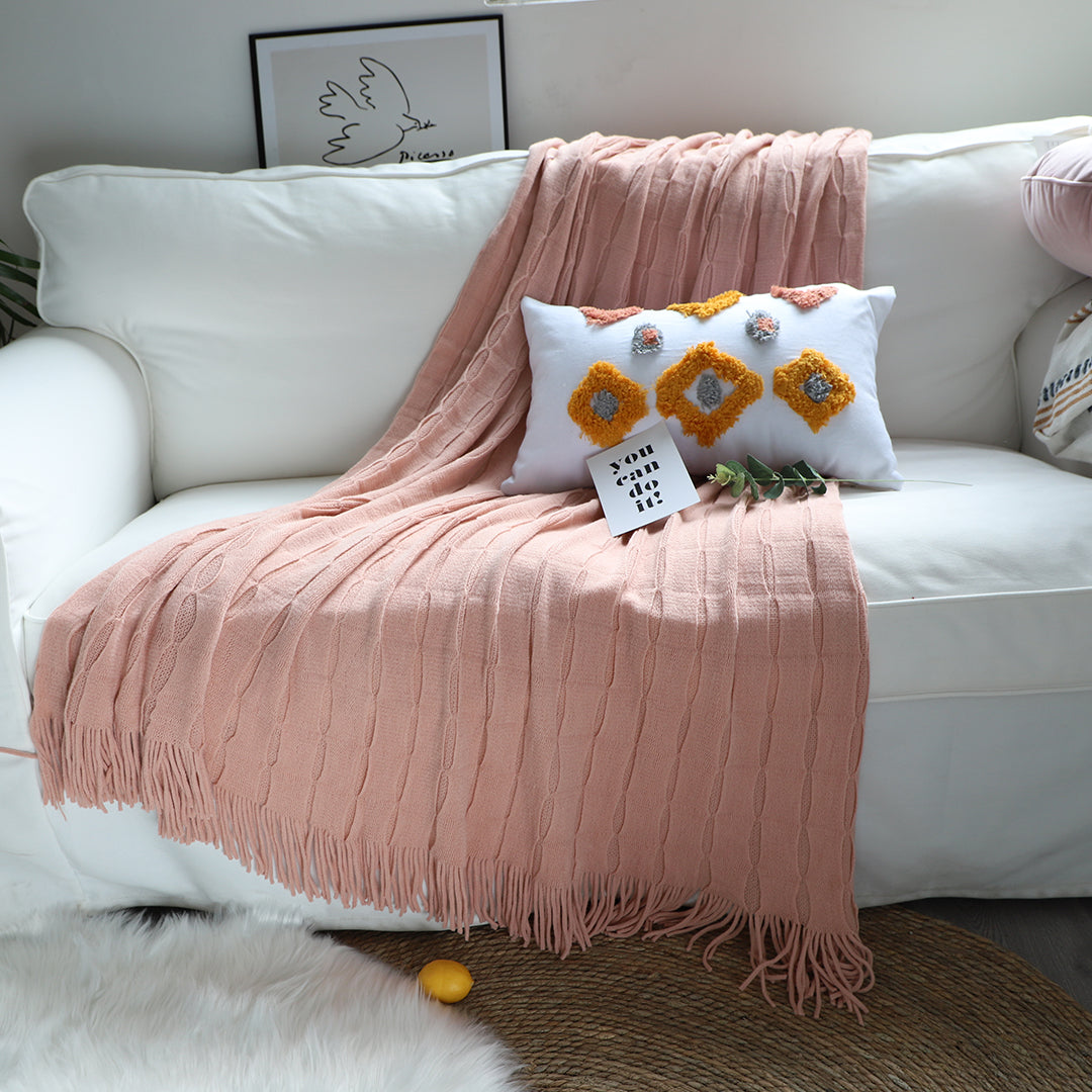 SOGA Pink Textured Knitted Throw Blanket Warm Cozy Woven Cover Couch Bed Sofa Home Decor with Tassels