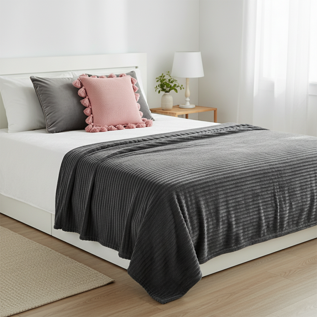 SOGA 3PC Cozy Set – Gray Striped Flannel Throw Blanket with Pillow Covers (Velvet Dove Gray + Soft Pink Pom-Pom Design)