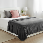 SOGA 3PC Cozy Set – Gray Striped Flannel Throw Blanket with Pillow Covers (Velvet Dove Gray + Soft Pink Pom-Pom Design)