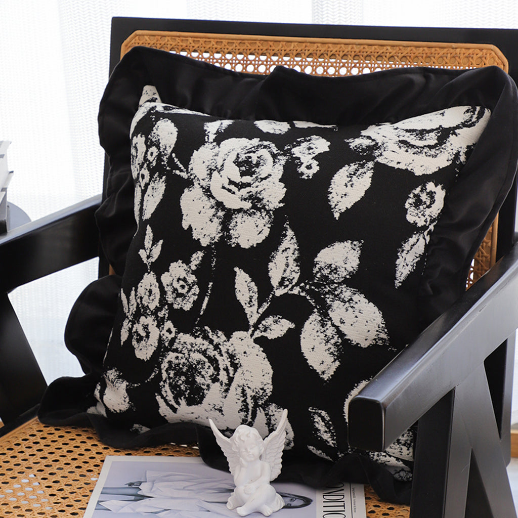 SOGA 45cm Black Floral Throw Pillowcase with Ruffle Edges
