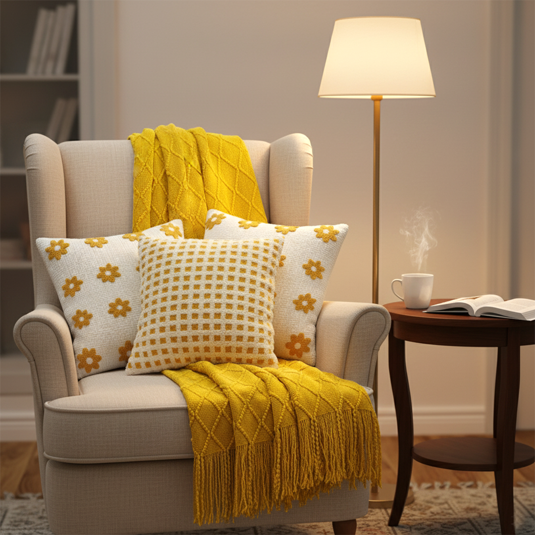 SOGA Yellow Diamond Throw with Tassels + Retro Daisy & Polka Dot Pillowcases – Cozy Home Decor Set