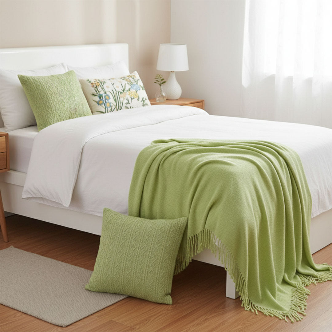 SOGA 3PC Cozy Living Set – Green Knitted Throw Blanket with Decorative Pillow Covers (Cable Knit & Botanical Meadow Design)