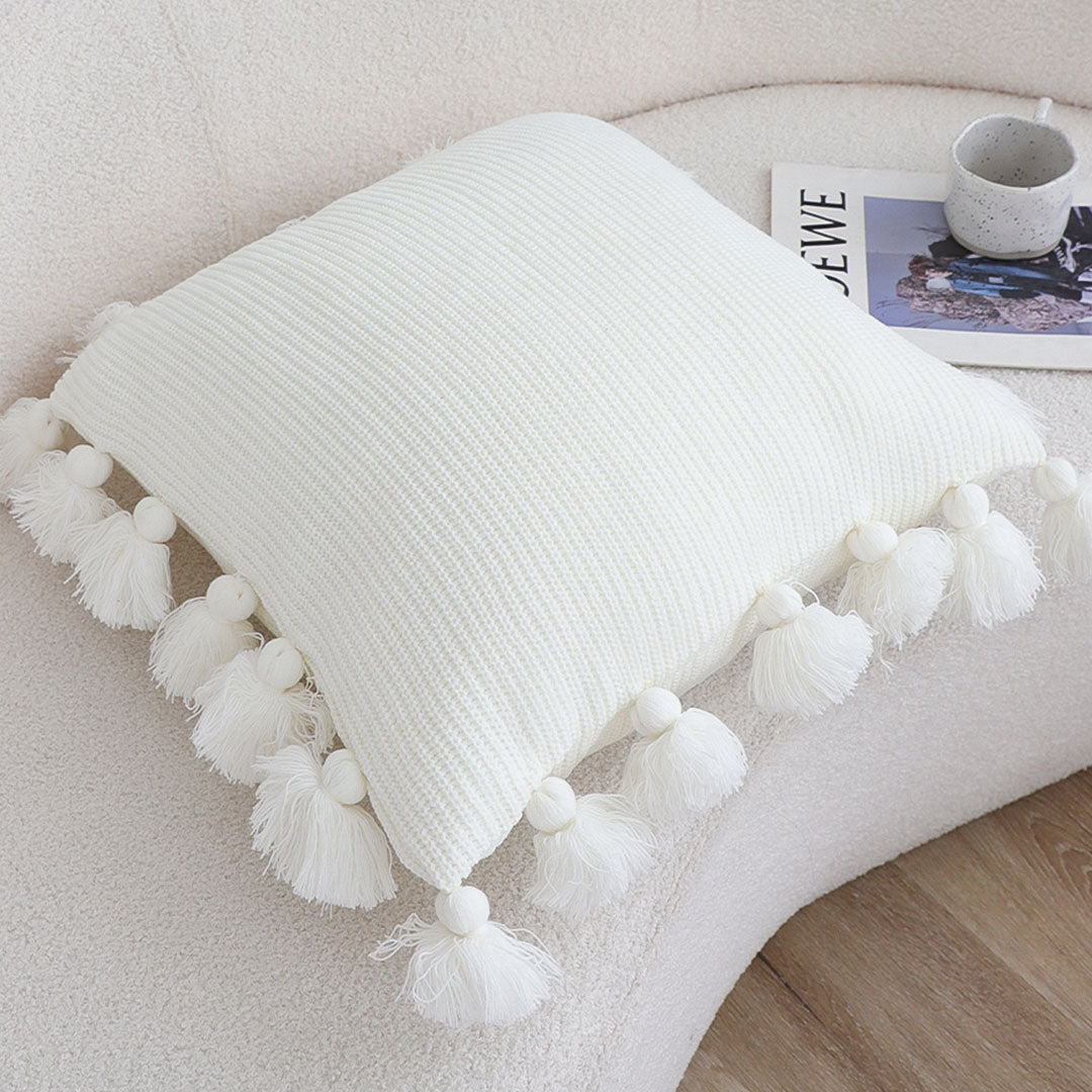 SOGA 45cm Textured Pillowcase with Pom-Pom Trim (Pure White)