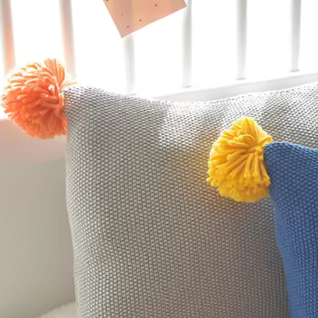 SOGA 45cm Ribbed Knit Pillowcase with Pom-Poms (Light Gray)