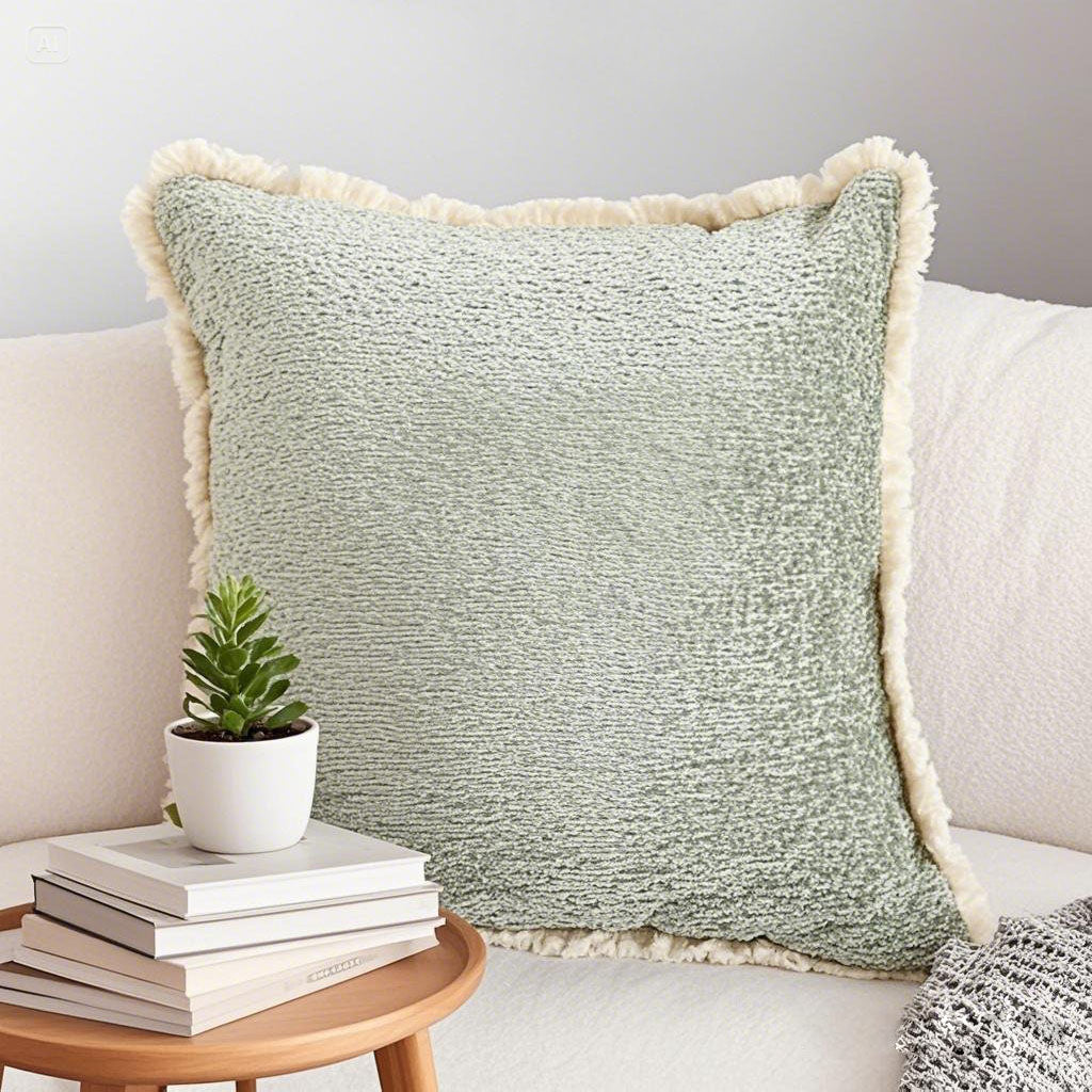 SOGA 45cm Sage Green Velvet Pillowcase with Faux Fur Trim
