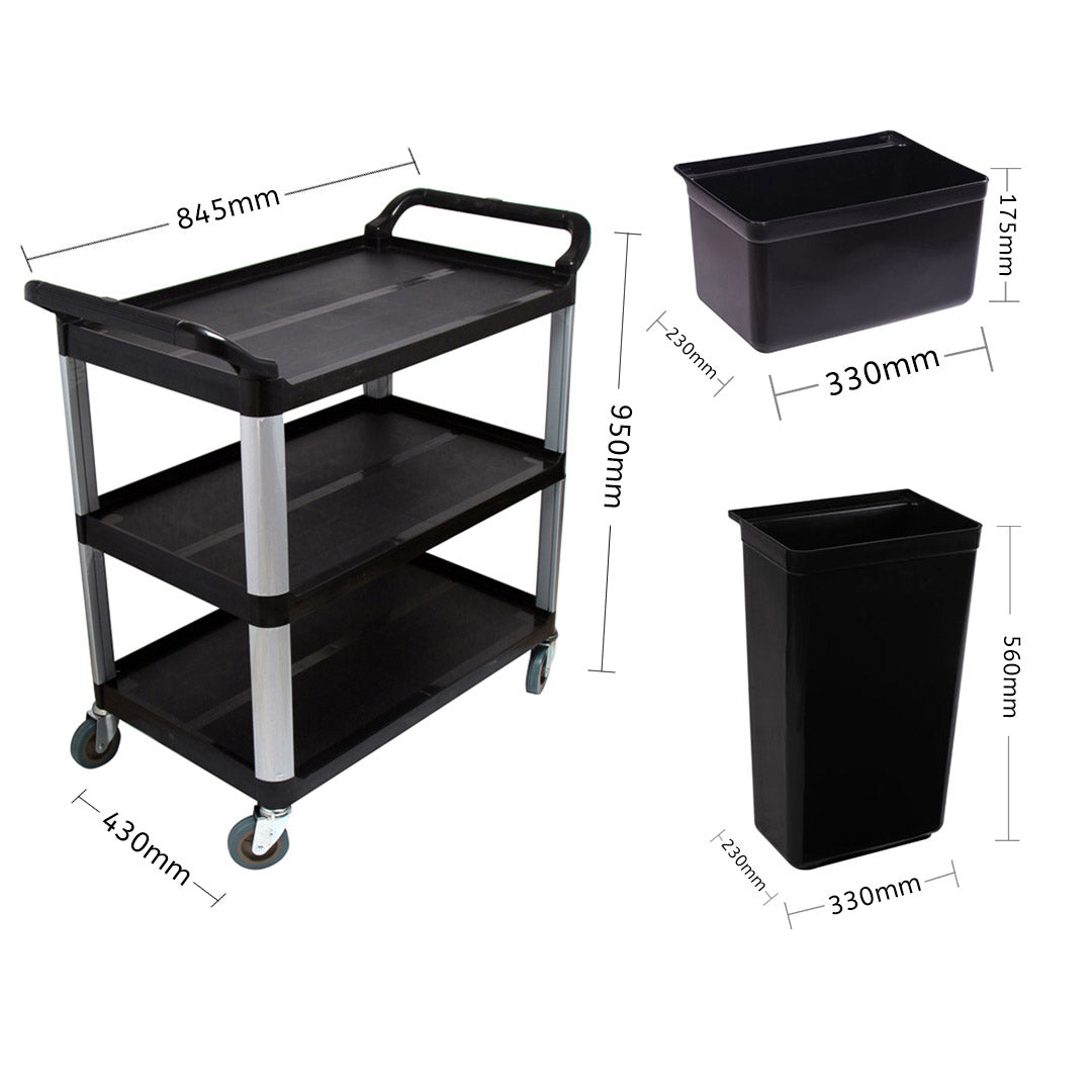 SOGA 3 Tier Food Trolley Food Waste Cart With Two Bins Storage Kitchen Black 83x43x95cm Small