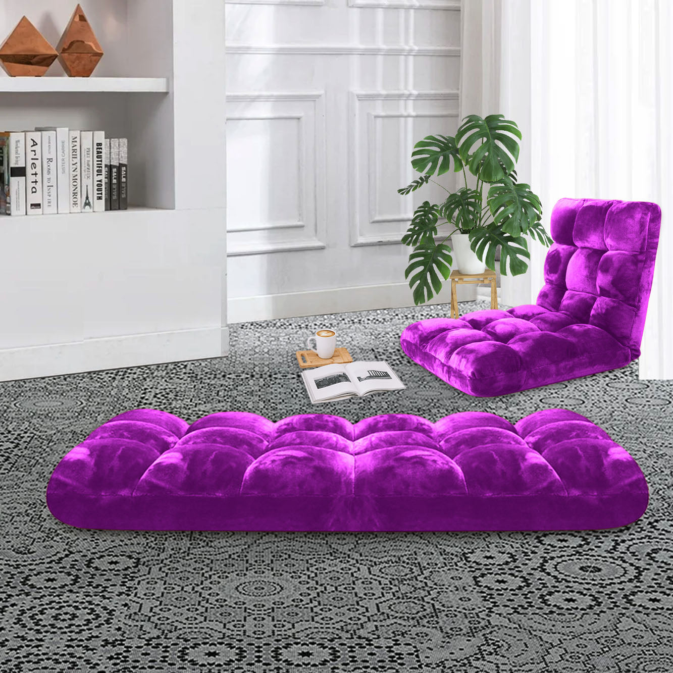SOGA Floor Recliner Folding Lounge Sofa Futon Couch Folding Chair Cushion Purple x4