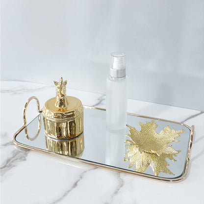 SOGA 40.5cm Gold Flat-Lay Mirror Glass Metal Tray Vanity Makeup Perfume Jewelry Organiser with Handles