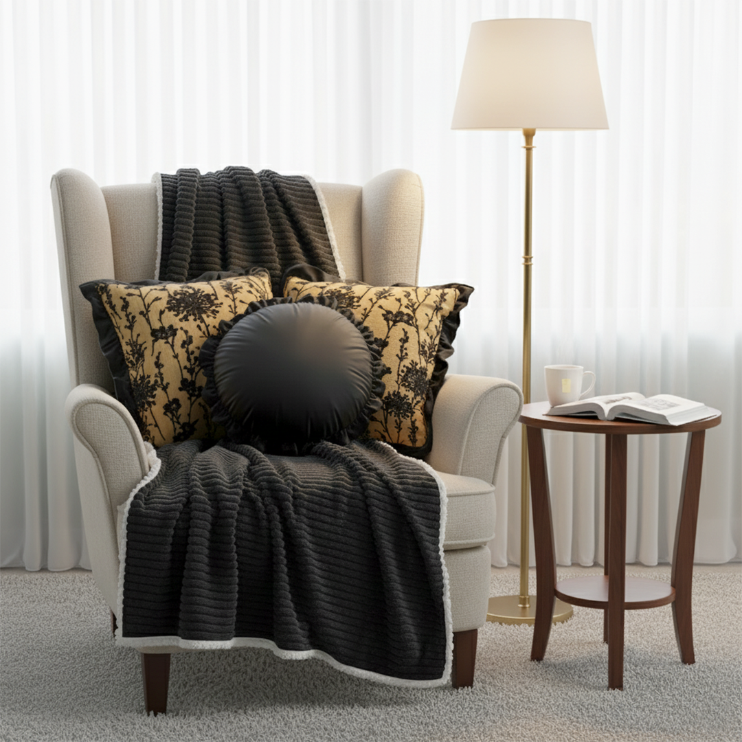 SOGA 4PC Set – Flannel Throw Blanket + Black & Gold Velvet Pillowcases & Lotus Round Pillow – Cozy Luxury Home Decor