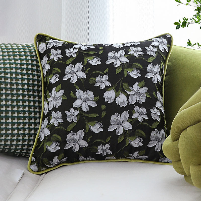 SOGA 45cm Black Floral Pillow Cover with Green Trim