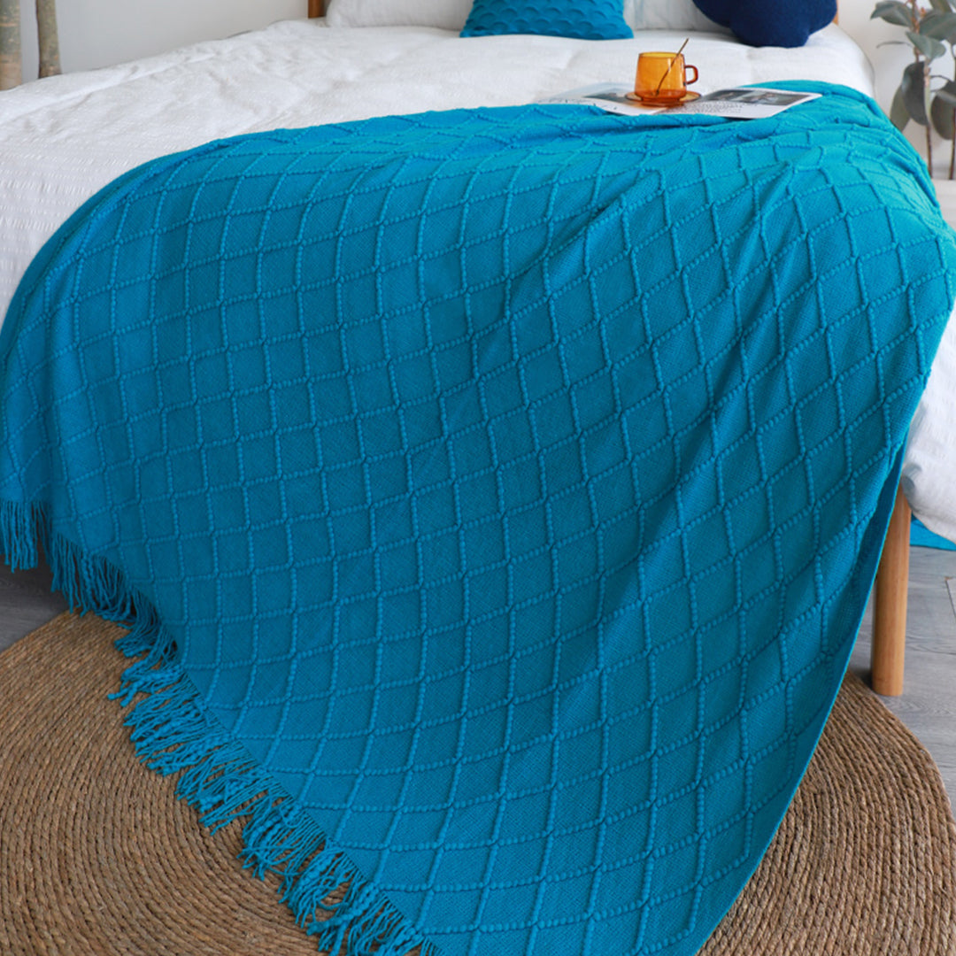 SOGA Knitted Throw Blanket – Warm Cozy Woven Cover with Diamond Pattern & Tassels for Couch, Bed, Sofa, Home Decor, Blue