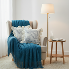 SOGA 3PC Cozy Set – Royal Blue Diamond Knit Throw Blanket with 2 White Floral Ruffle Trim Pillow Covers