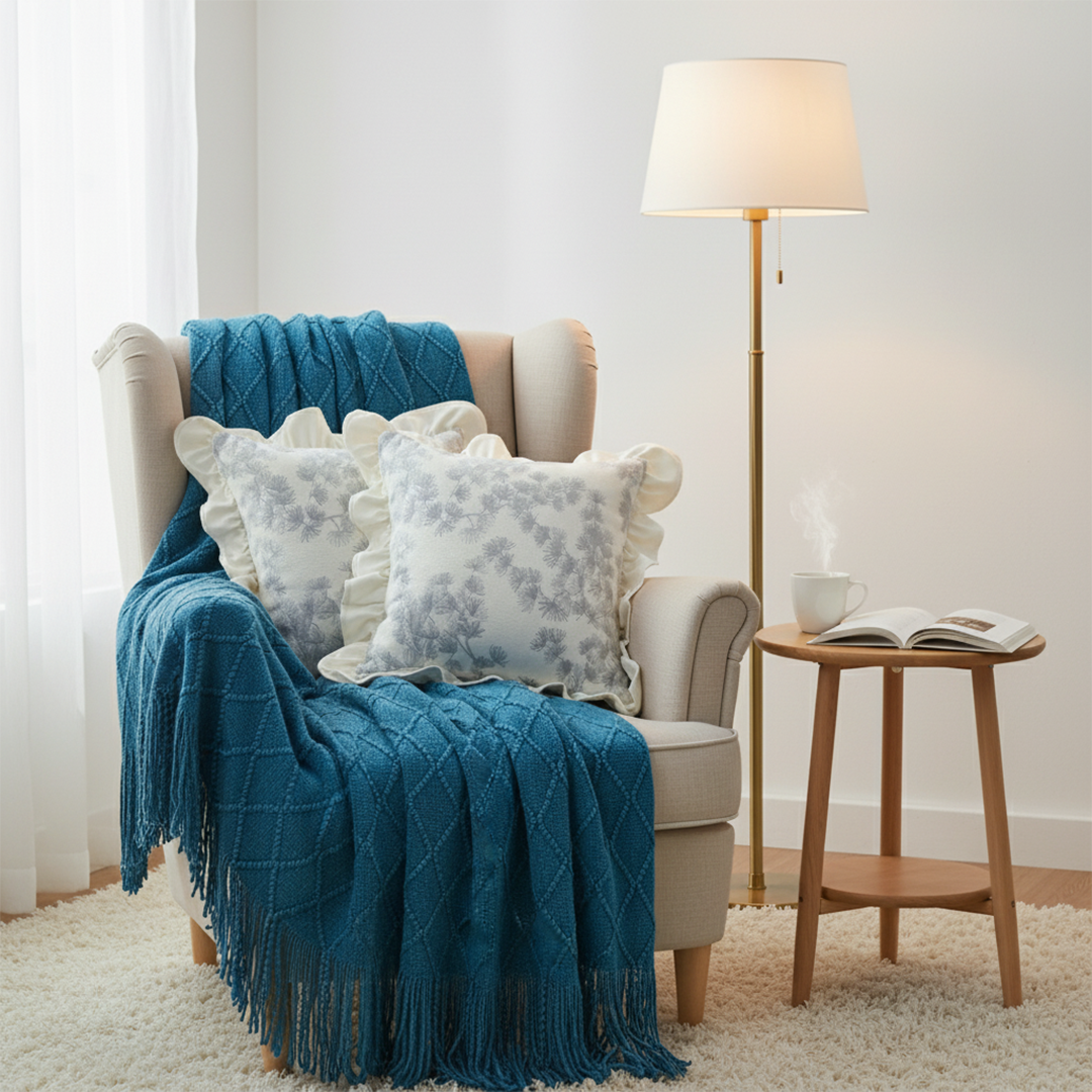 SOGA 3PC Cozy Set – Royal Blue Diamond Knit Throw Blanket with 2 White Floral Ruffle Trim Pillow Covers