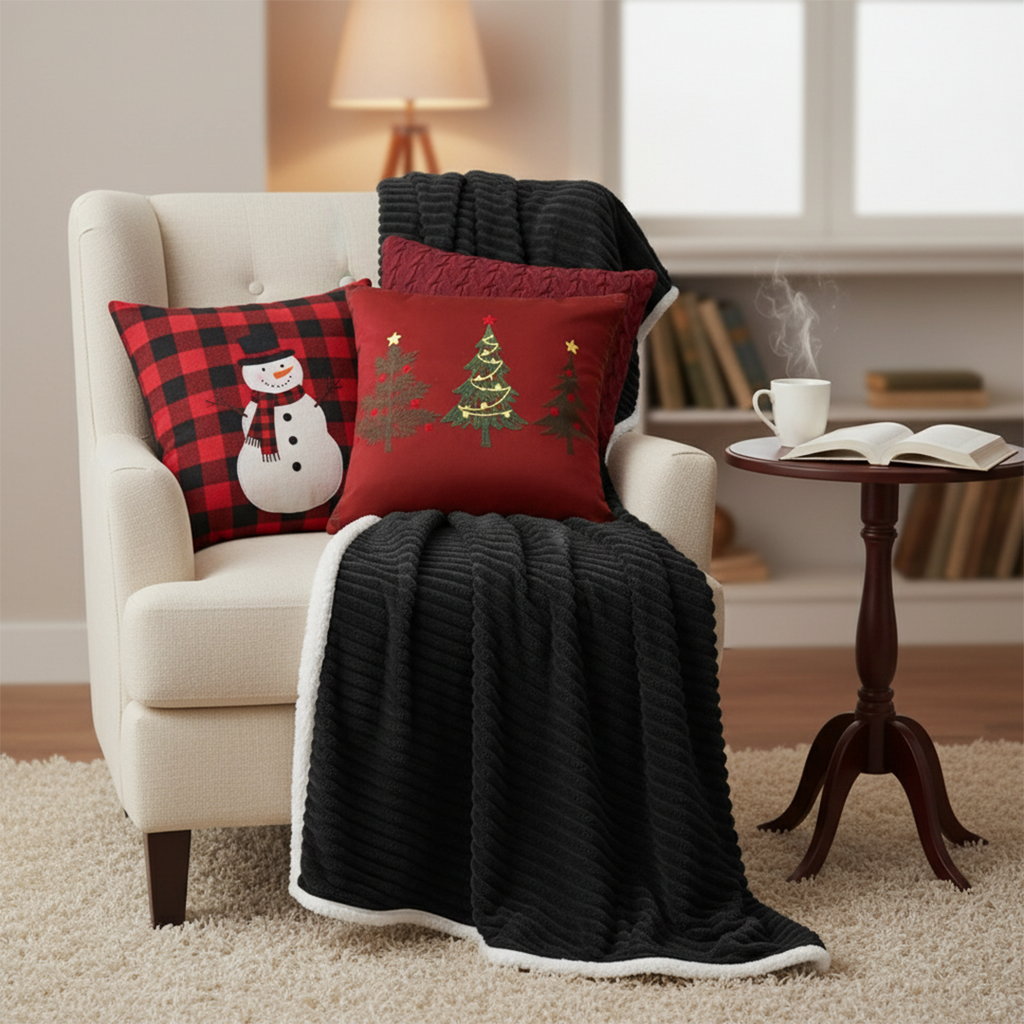 SOGA 5PC Christmas Set – Flannel Throw + Red Cable Knit, Tree Trio & Snowman Pillowcases