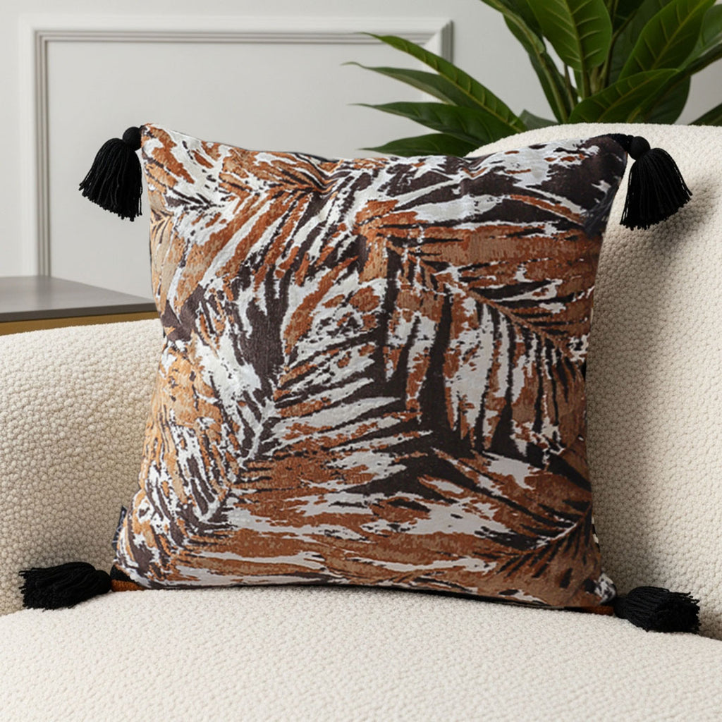 SOGA 45cm Velvet Brown/Black/Ivory Leaf Print Polyester Cushion Cover with Tassels