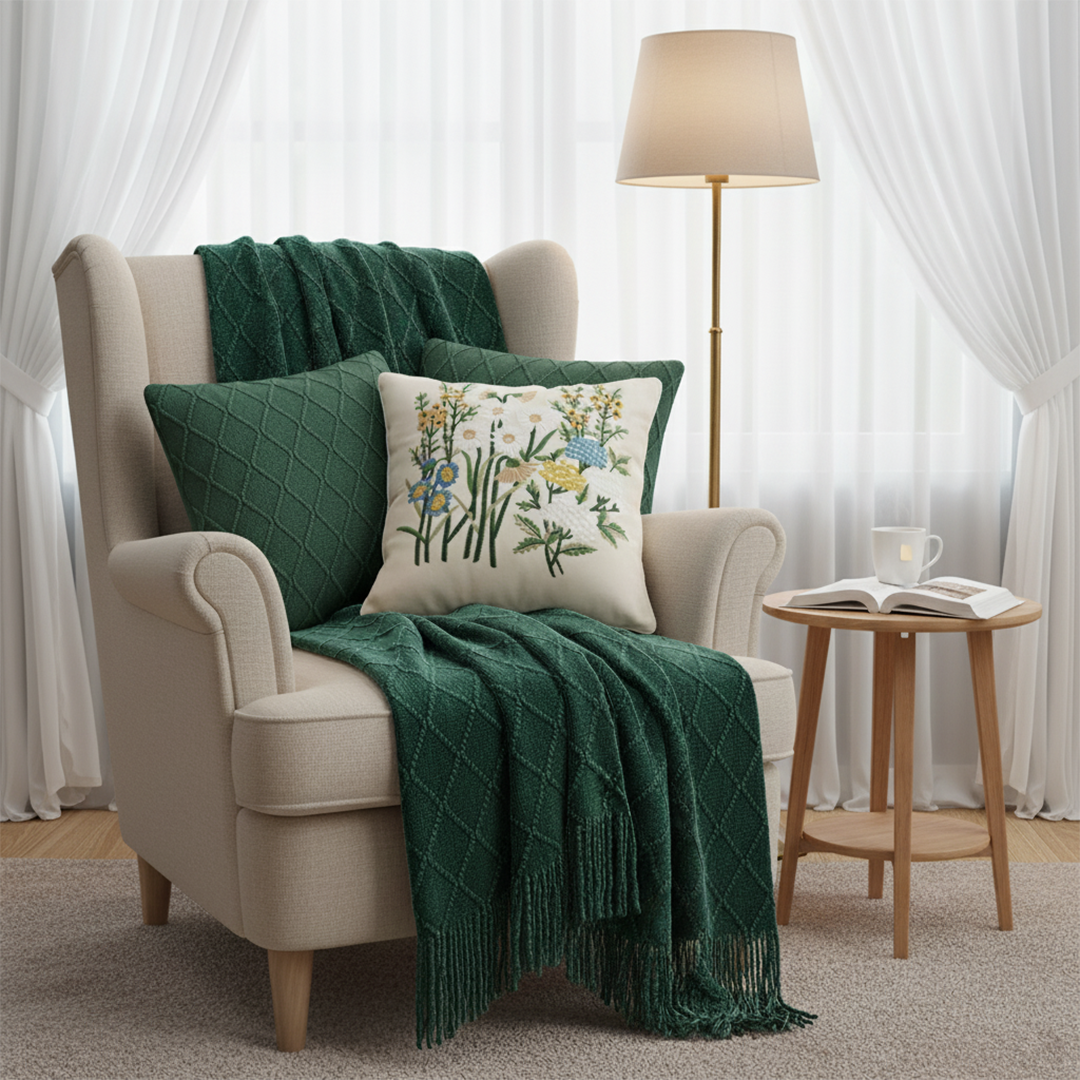 SOGA 4PC Cozy Green Set – Diamond Knit Throw Blanket with Forest Green & Botanical Garden Pillow Covers