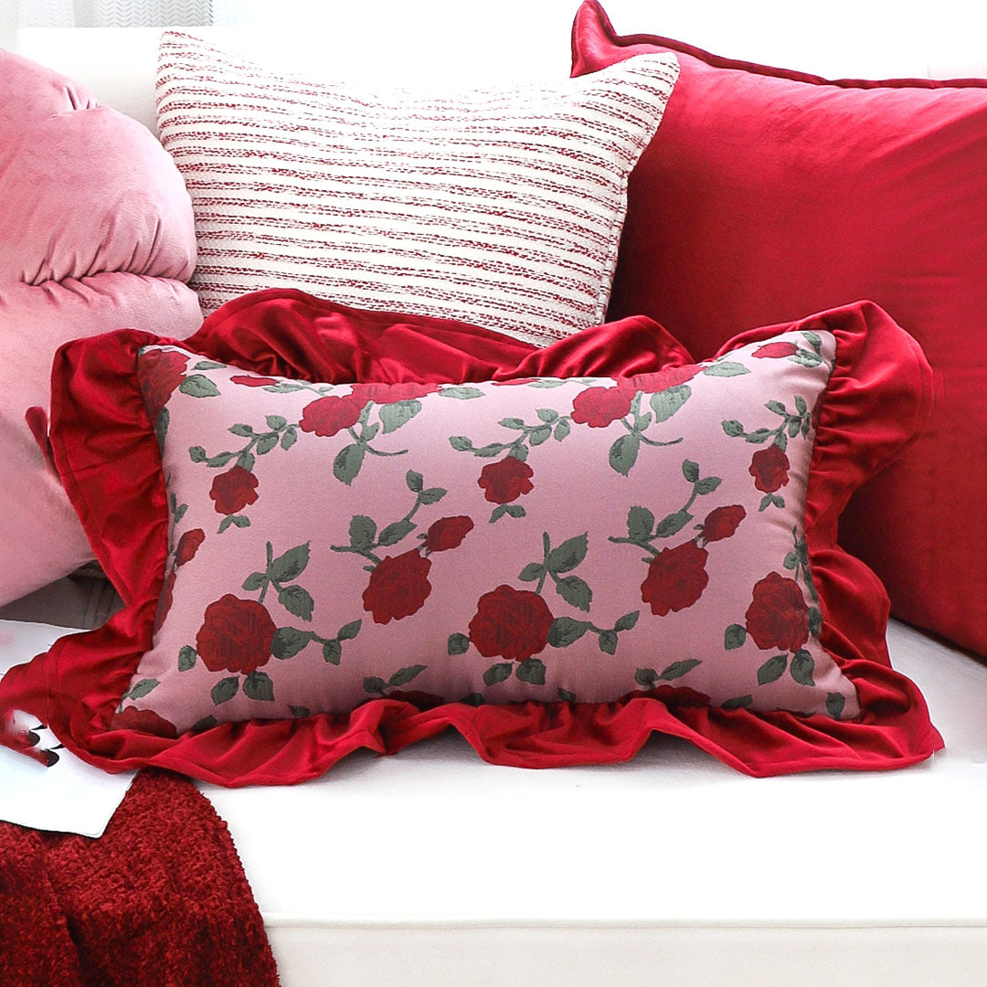 SOGA 30x50cm Rose Print Pillow Cover with Red Ruffle Border