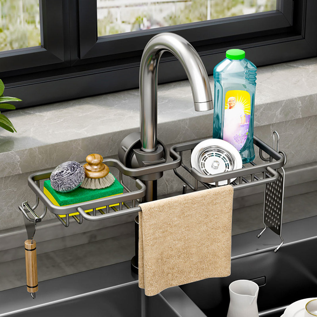 SOGA 2X Dark Grey Kitchen Sink Organiser Faucet Soap Sponge Caddy Rack Drainer with Towel Bar Holder