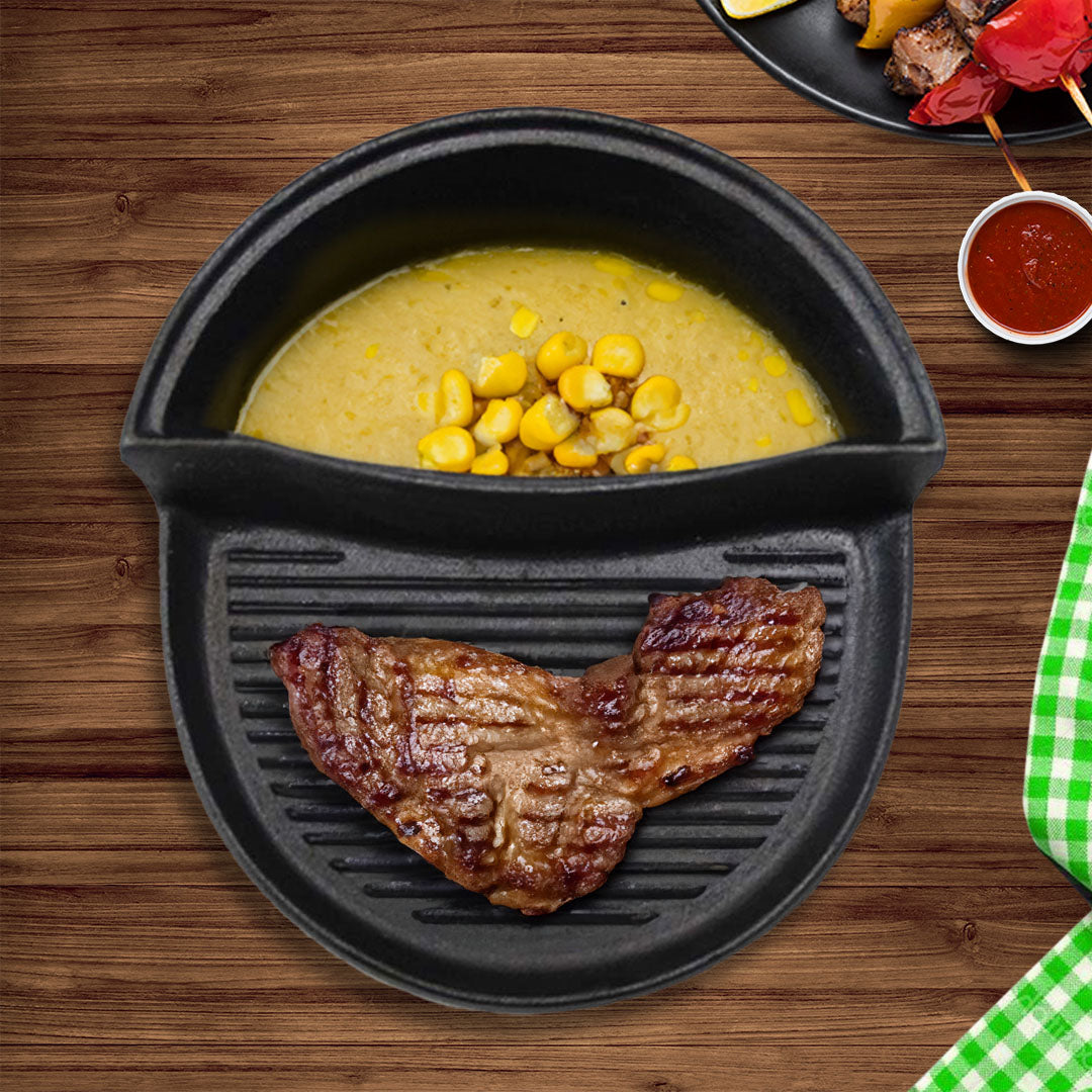 SOGA 2X 2 in 1 Cast Iron Ribbed Fry Pan Skillet Griddle BBQ and Steamboat Hot Pot