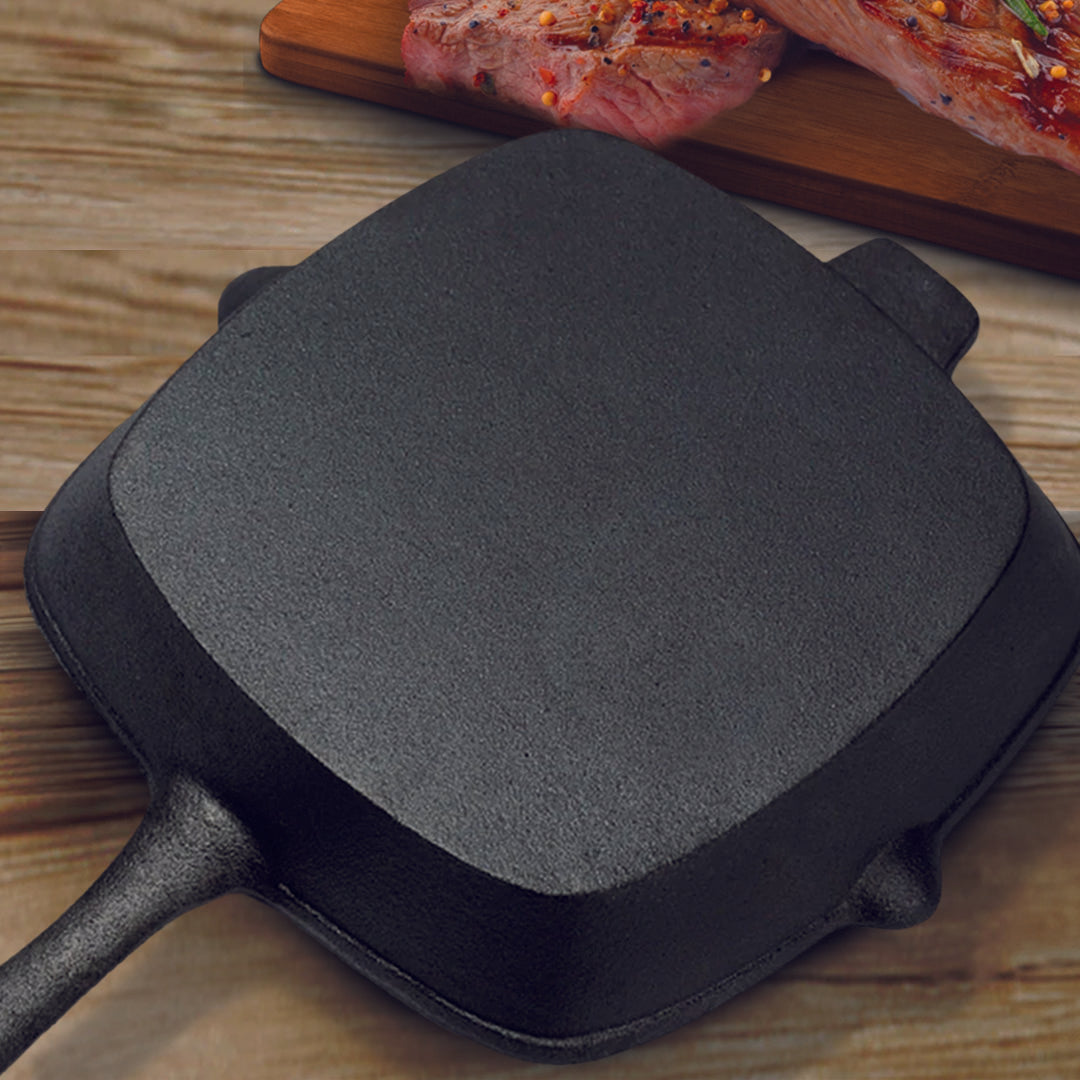 SOGA 2X 26cm Square Ribbed Cast Iron Frying Pan Skillet Steak Sizzle Platter with Handle