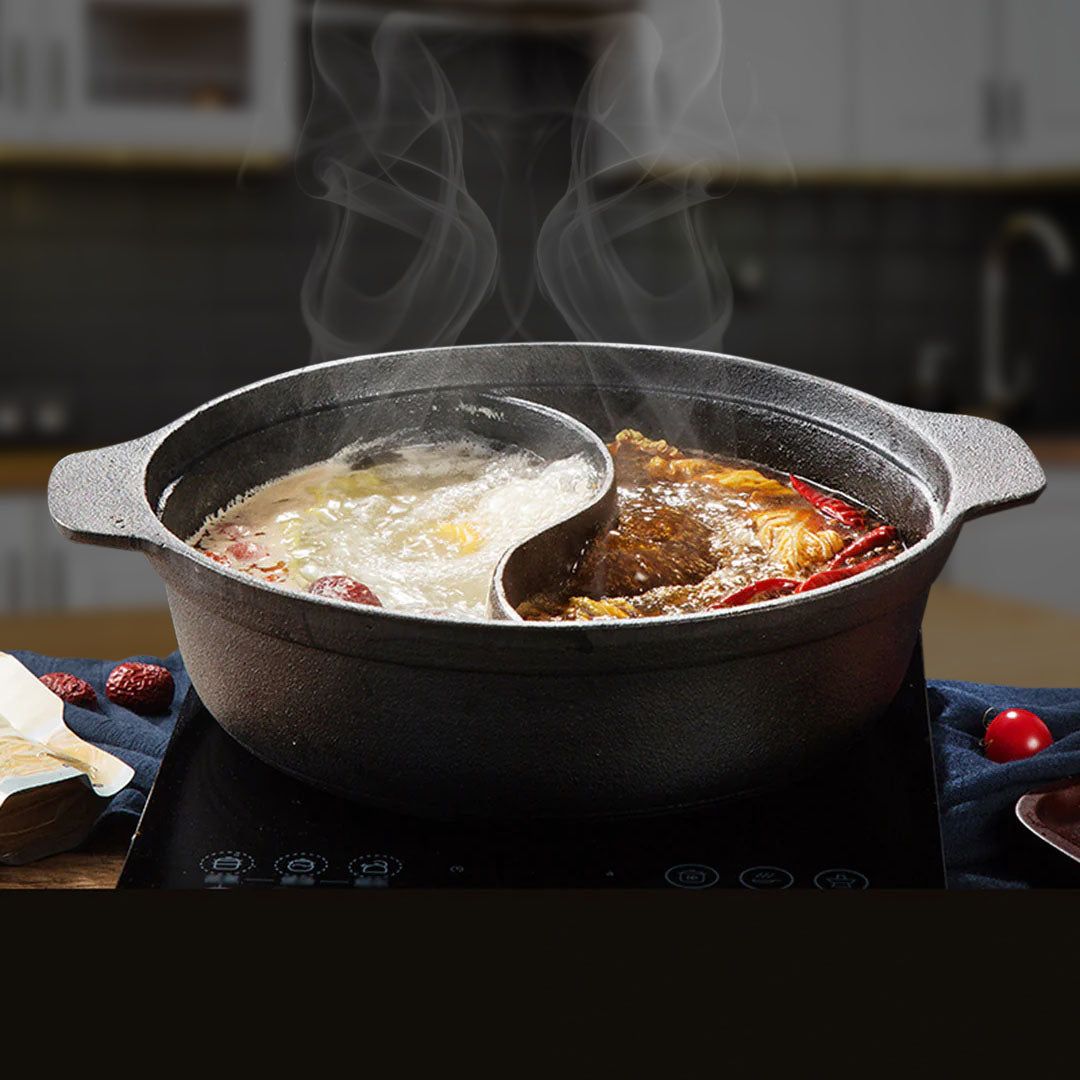 SOGA 2X 32CM Round Cast Iron Shabu Shabu Hotpot Beef Chicken Stew Wok Two-Flavor Division